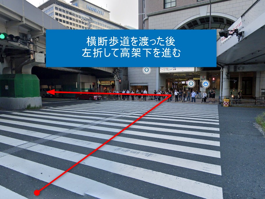 横断歩道を渡った後 左折して高架下を進む
