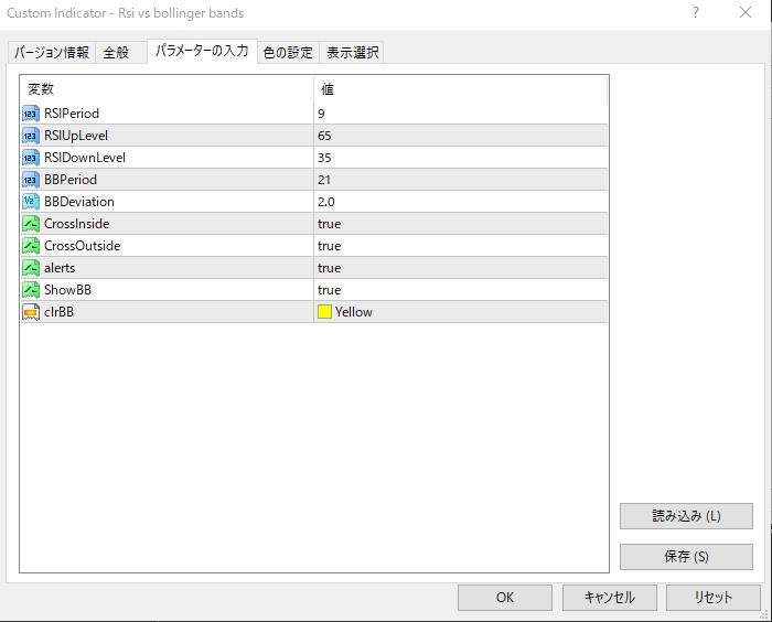 インジケーターの設定画面