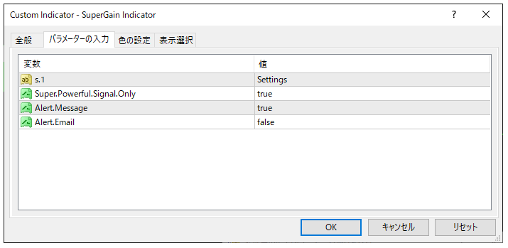 SuperGain Indicatorのパラメーター設定