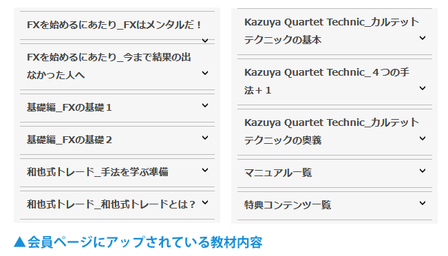 トレーダー和也監督Quartet Technic Academyで学べる動画コンテンツの一覧